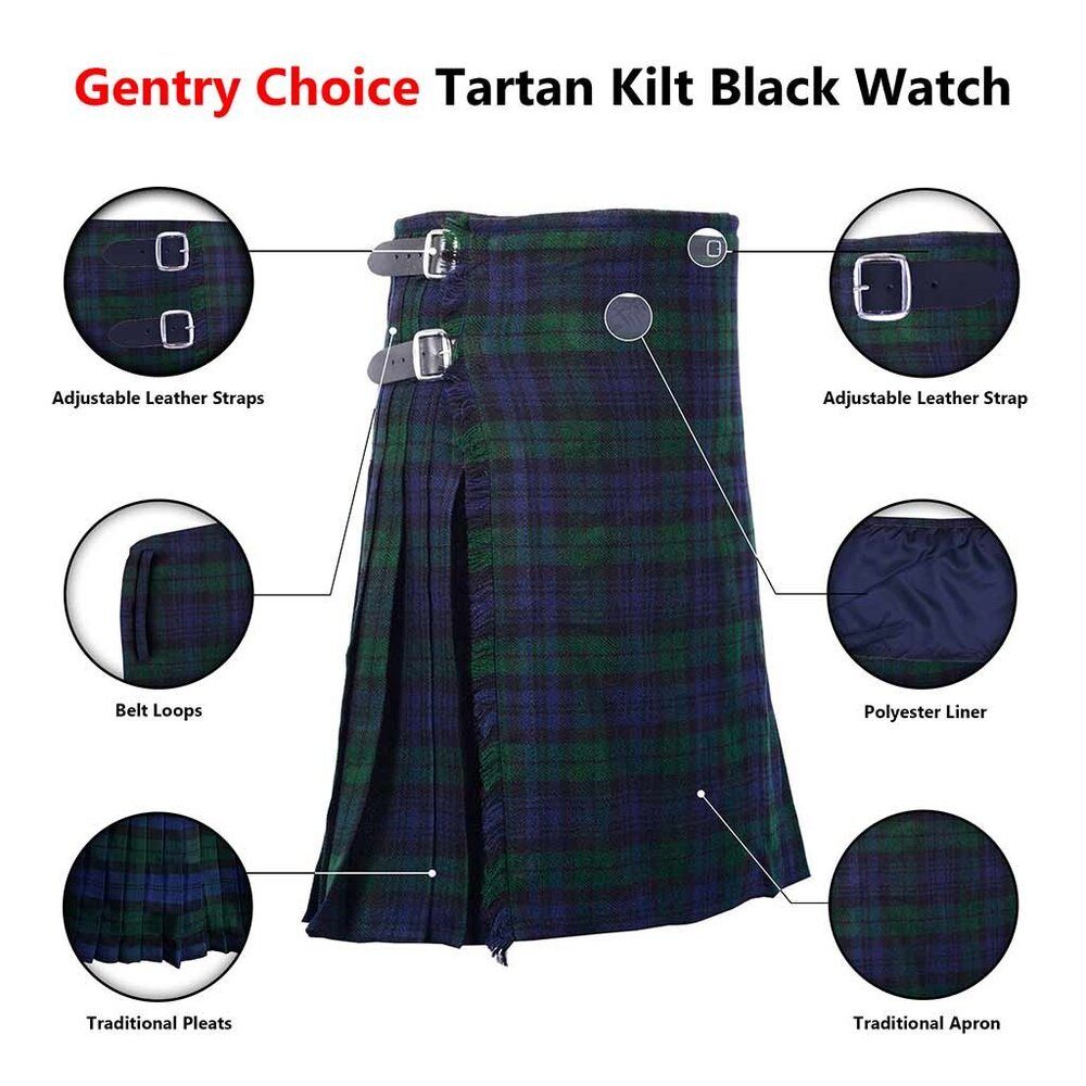 Tartan Black Watch Kilt 8 Yards Men Highlander Scottish Kilt - Picture 3 of 9